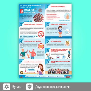 Плакат «Восемь правил гигиены. Как избежать коронавируса, гриппа и ОРВИ» (М-28, 1 лист)